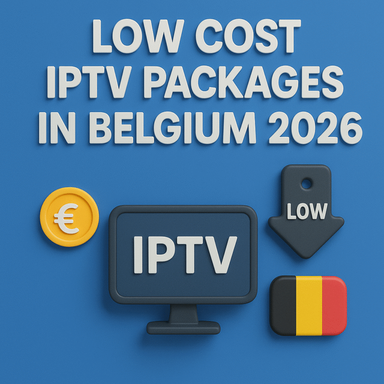 3D modern blue design showing the text 'Low Cost IPTV Packages in Belgium 2026' with 3D icons including a TV screen labeled IPTV, a euro coin, a downward arrow with the word LOW, and the Belgium flag.