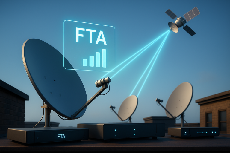 Rooftop satellite dishes receiving free-to-air European channels in 2026.