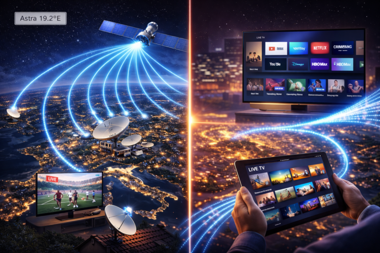 Astra 19.2°E broadcasting shown alongside modern streaming era television use.