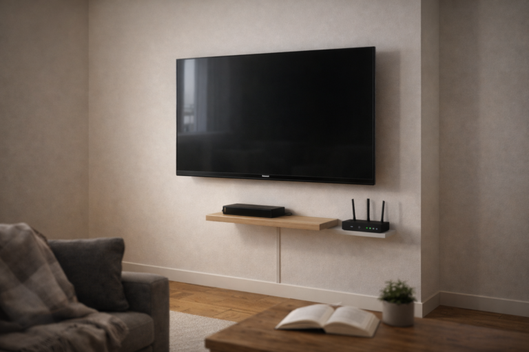 Minimal Austrian home TV corner in 2026 with router and simple connected devices
