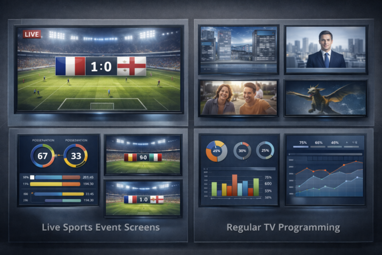 Professional illustration comparing live sports events with regular TV programming