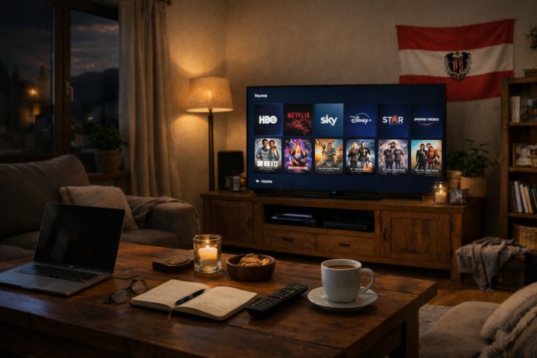 Binge watching entertainment TV series in Austrian home 2026
