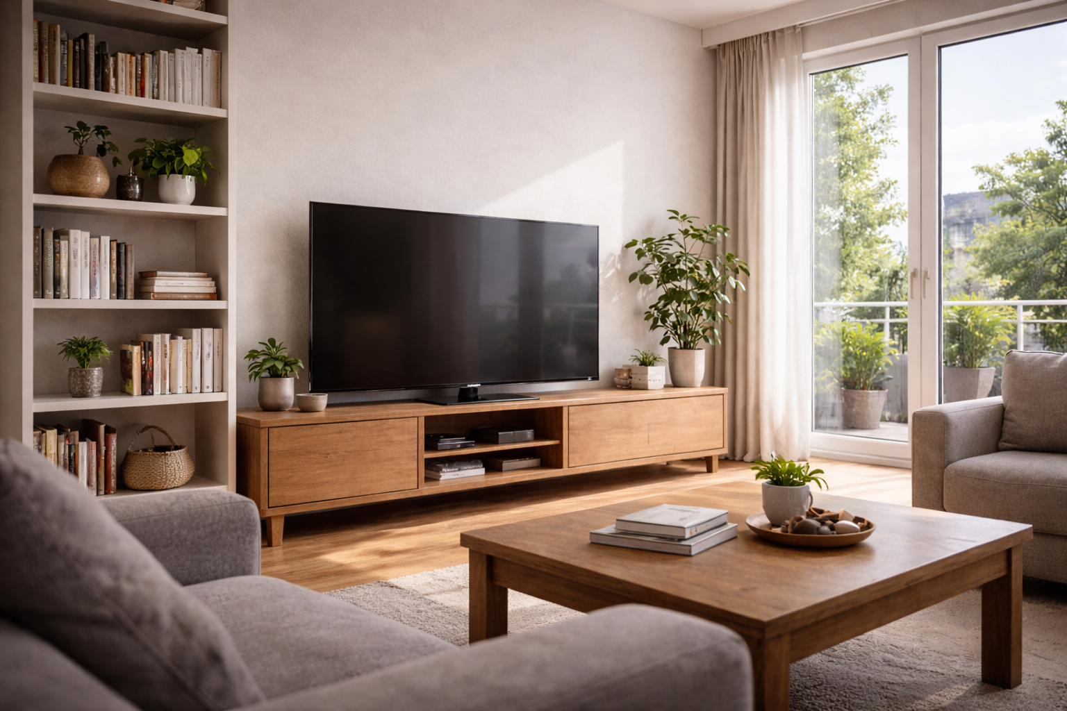 Modern German home interior showing TV as a normal part of household life in 2026.