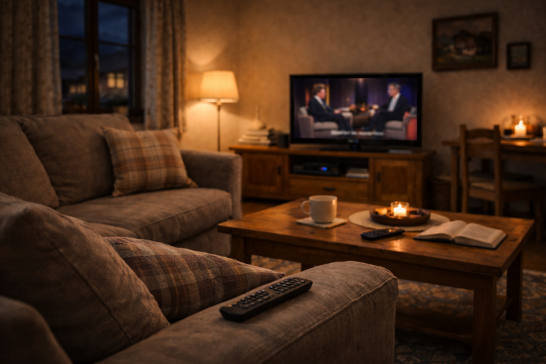 Night living room remote on couch decision fatigue English TV Austria 2026