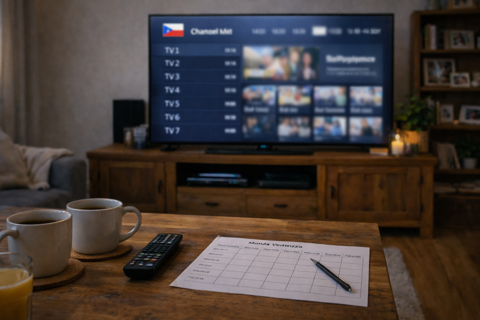 Remote control and TV channel list on screen in a Czech living room, showing how viewers pick channels in 2026.