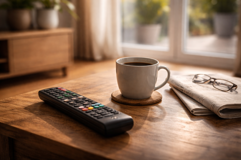 TV remote and everyday objects showing how German viewers use television channels in daily life.