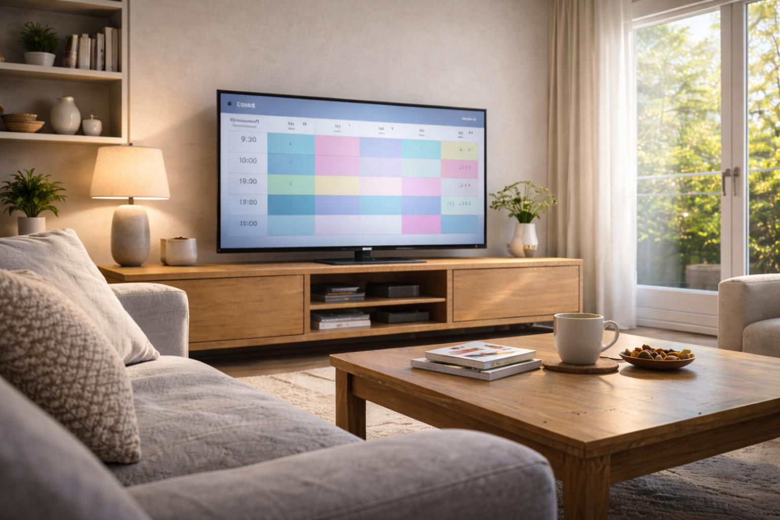 TV showing a neutral schedule grid representing channels staying relevant through consistency rather than trends.
