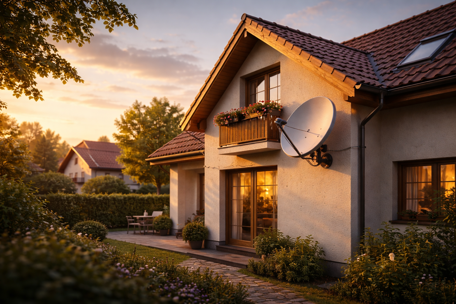 Wall mounted satellite dish on an Austrian home aligned to Astra 28.2E in 2026.