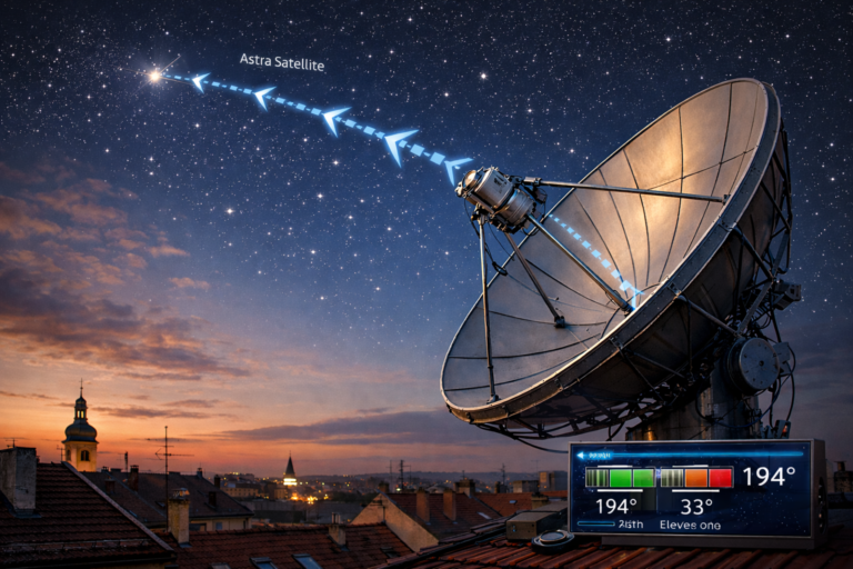 Satellite dish aligned to Astra 19.2 for German TV reception.