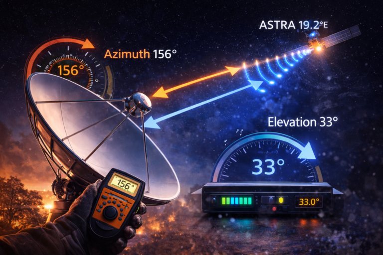 Satellite dish alignment process with azimuth and elevation angles for Astra