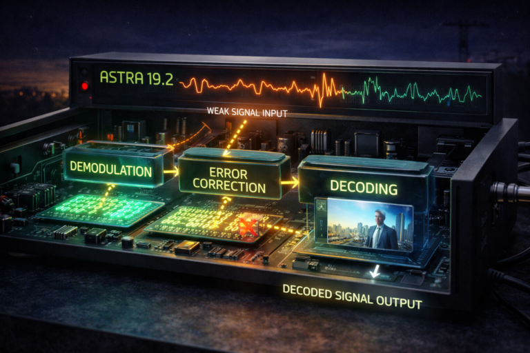 Satellite receiver processing weak signal with decoding and error correction visualization