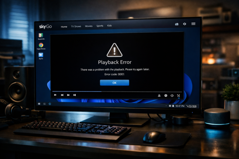 Sky Go playback error message displayed on Windows 11 streaming interface