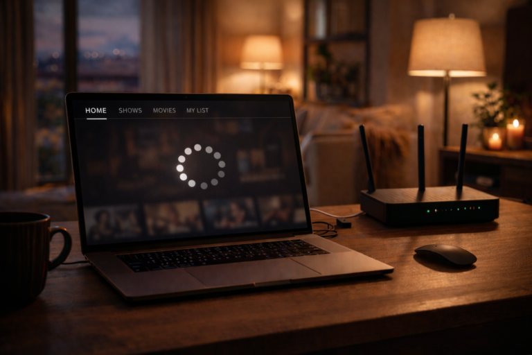 Sky TV buffering screen on laptop with WiFi router nearby 2026