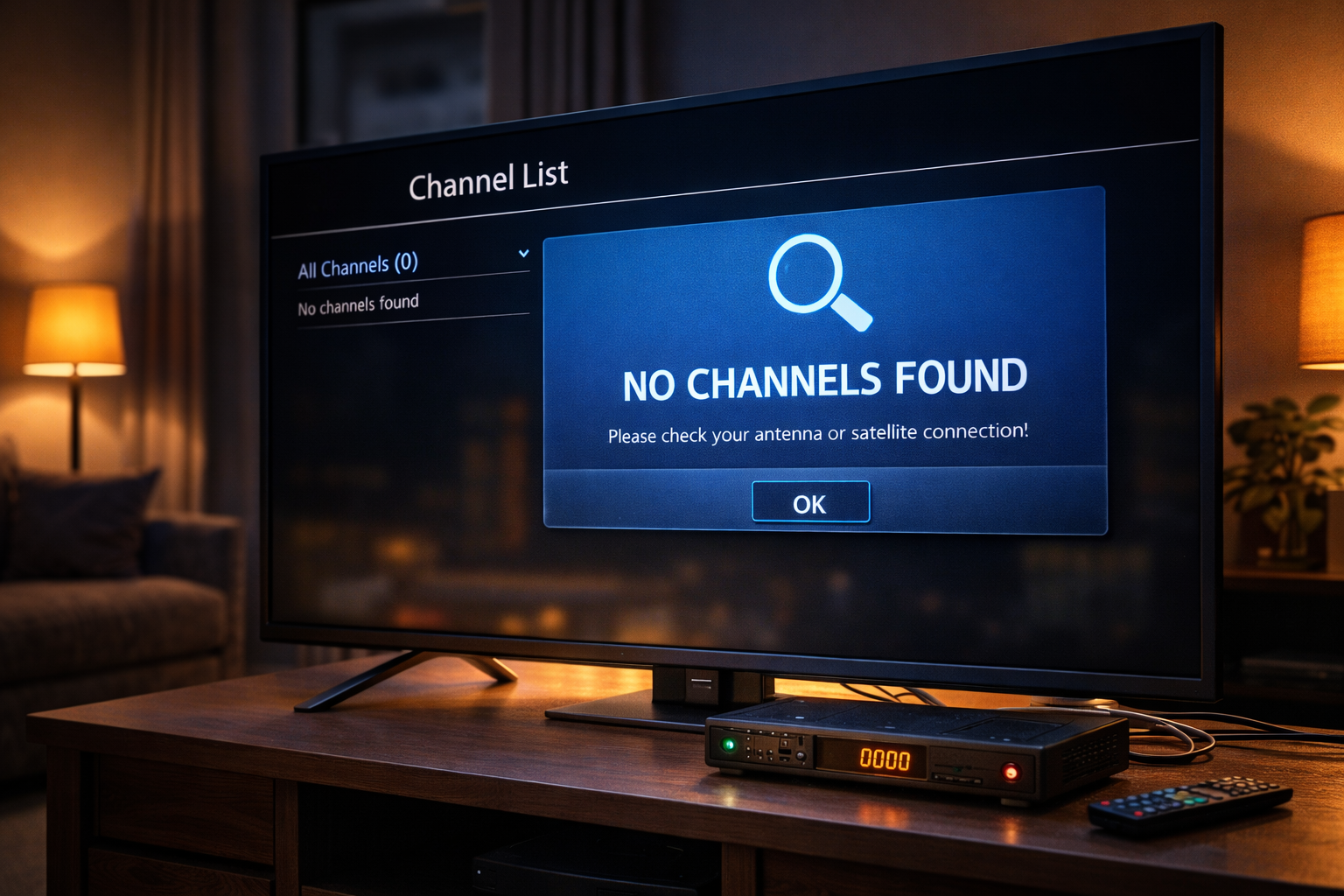 Television interface showing missing Astra satellite channels.