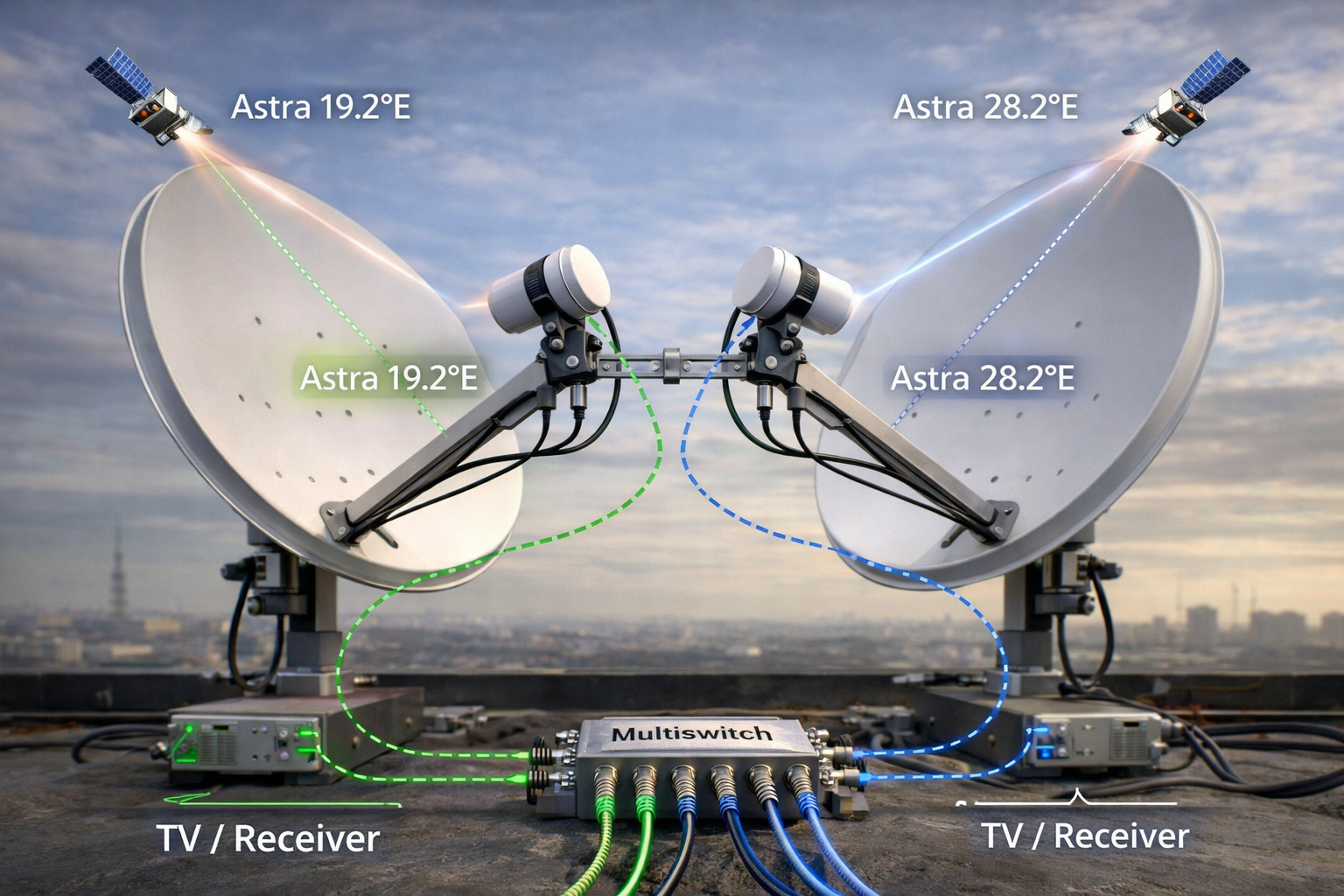 Optimized dish setup with dual LNB for Astra 19.2E and Astra 28.2E reception