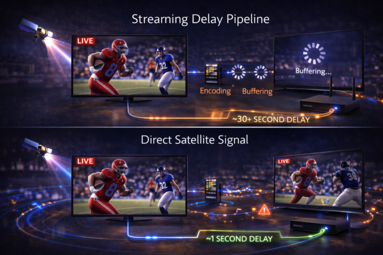 Streaming delay pipeline compared to direct satellite broadcast signal