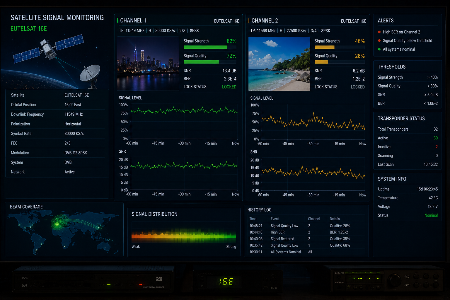 Comparison of signal requirements between Eutelsat 16E channels.