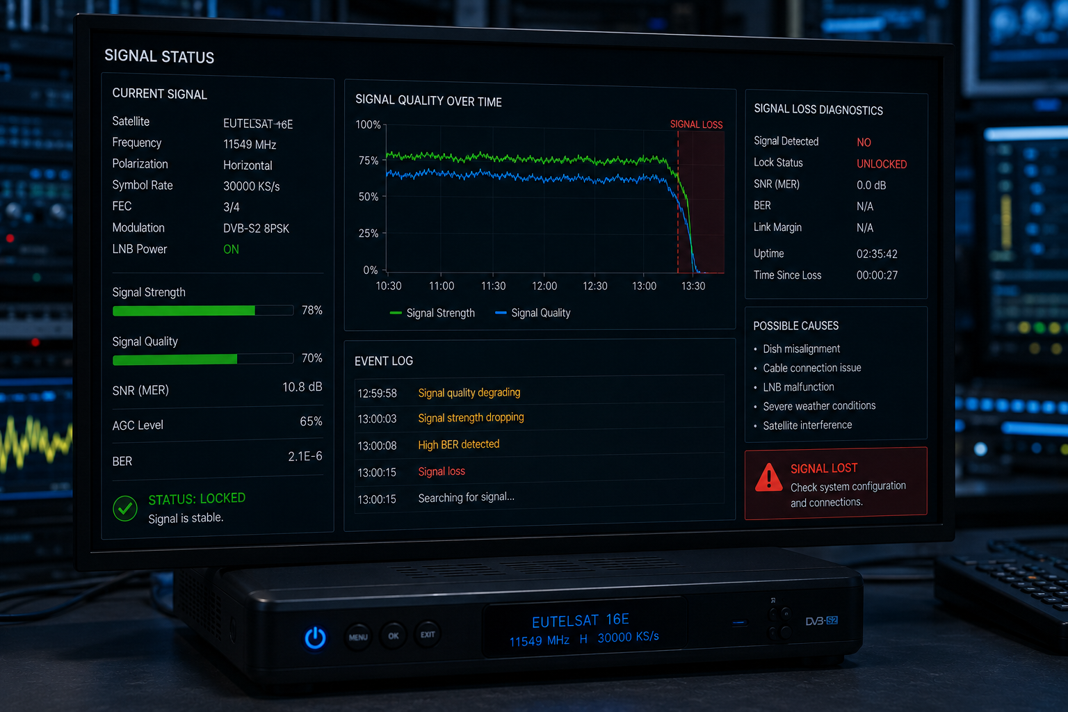 Eutelsat 16E setup experiencing intermittent reception failures.
