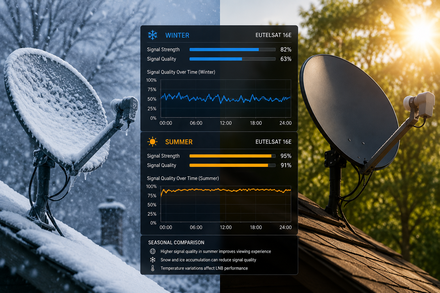 Satellite dish performance comparison between winter and summer.