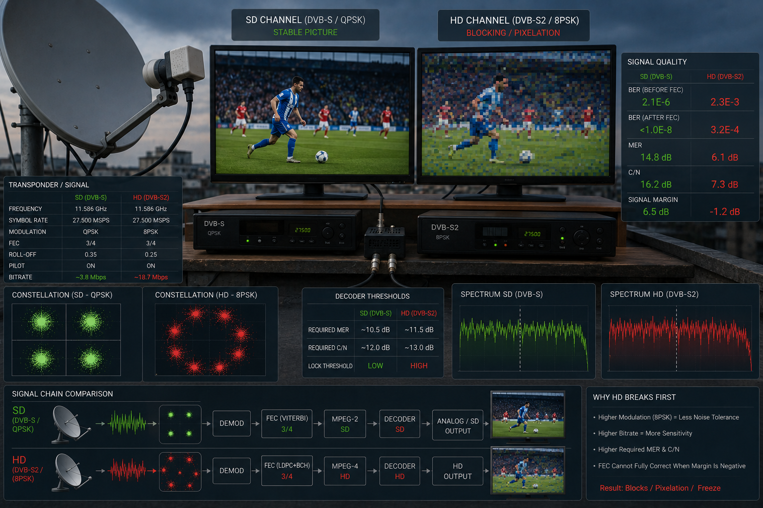 Comparison showing an HD satellite channel failing while an SD channel remains stable.