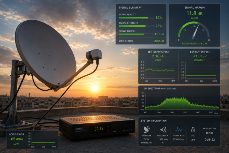 Satellite dish receiving a stable Tring TV signal during early morning