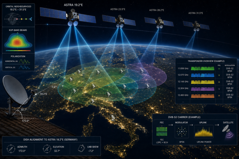 Astra 19.2E orbital position delivering German satellite television across Germany.