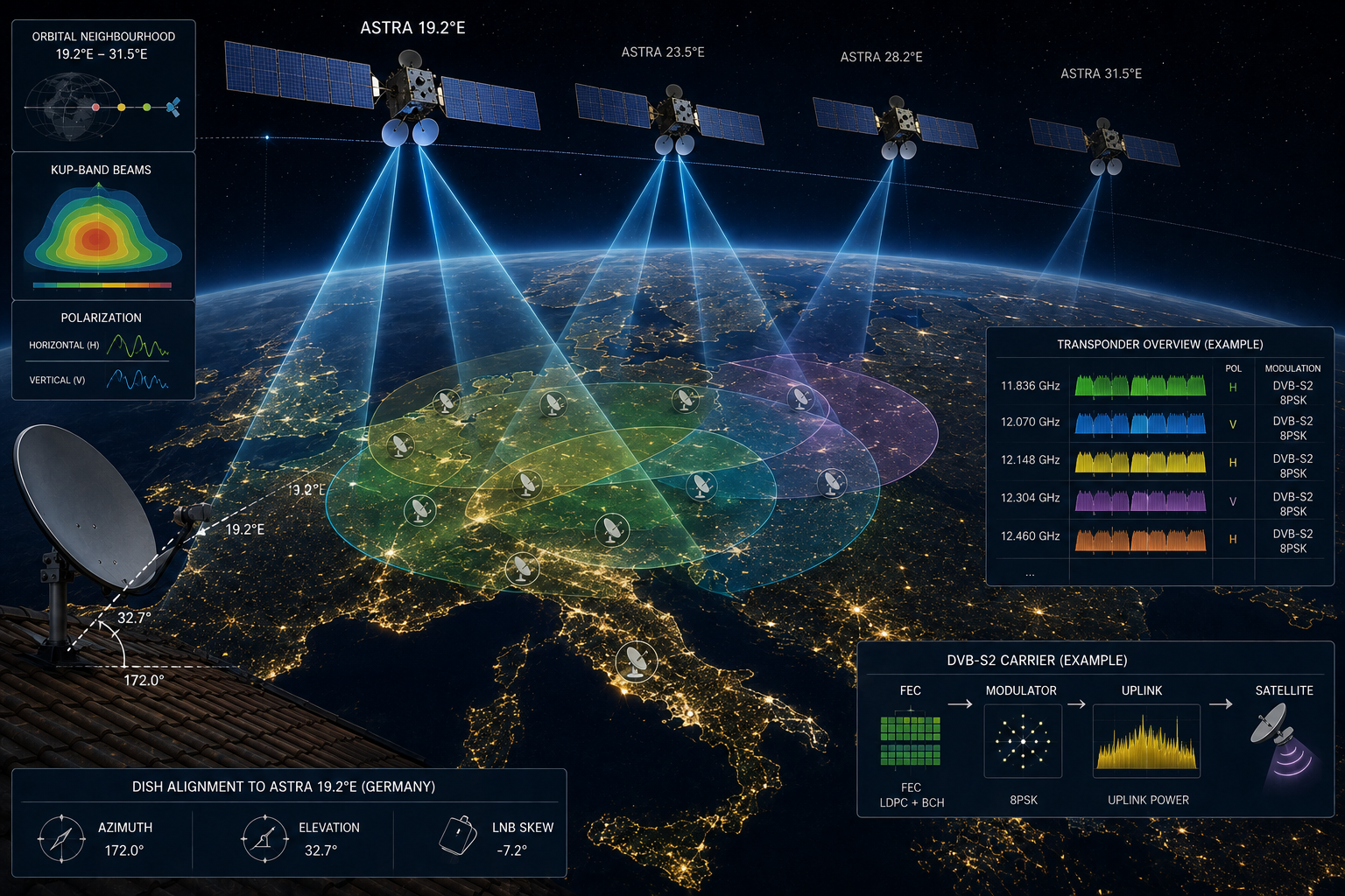 Astra 19.2E orbital position delivering German satellite television across Germany.