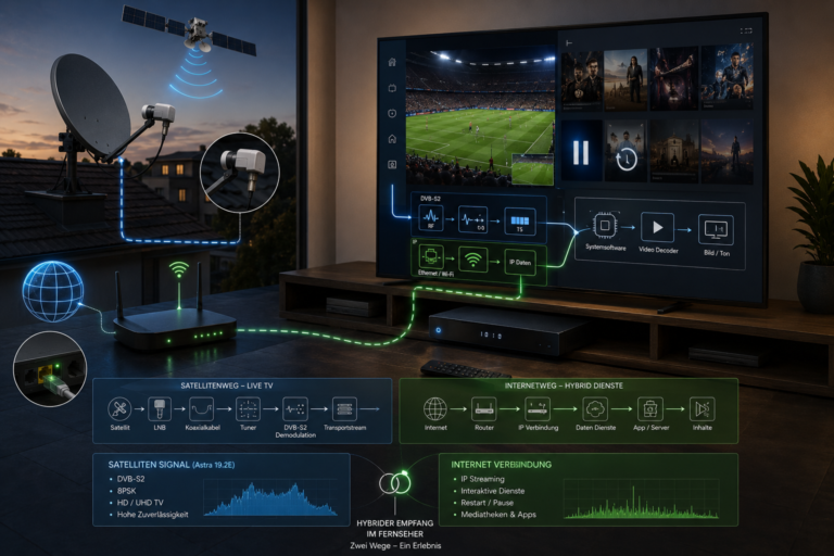 HD+ hybrid television combining Astra satellite broadcasting with internet-based TV features.