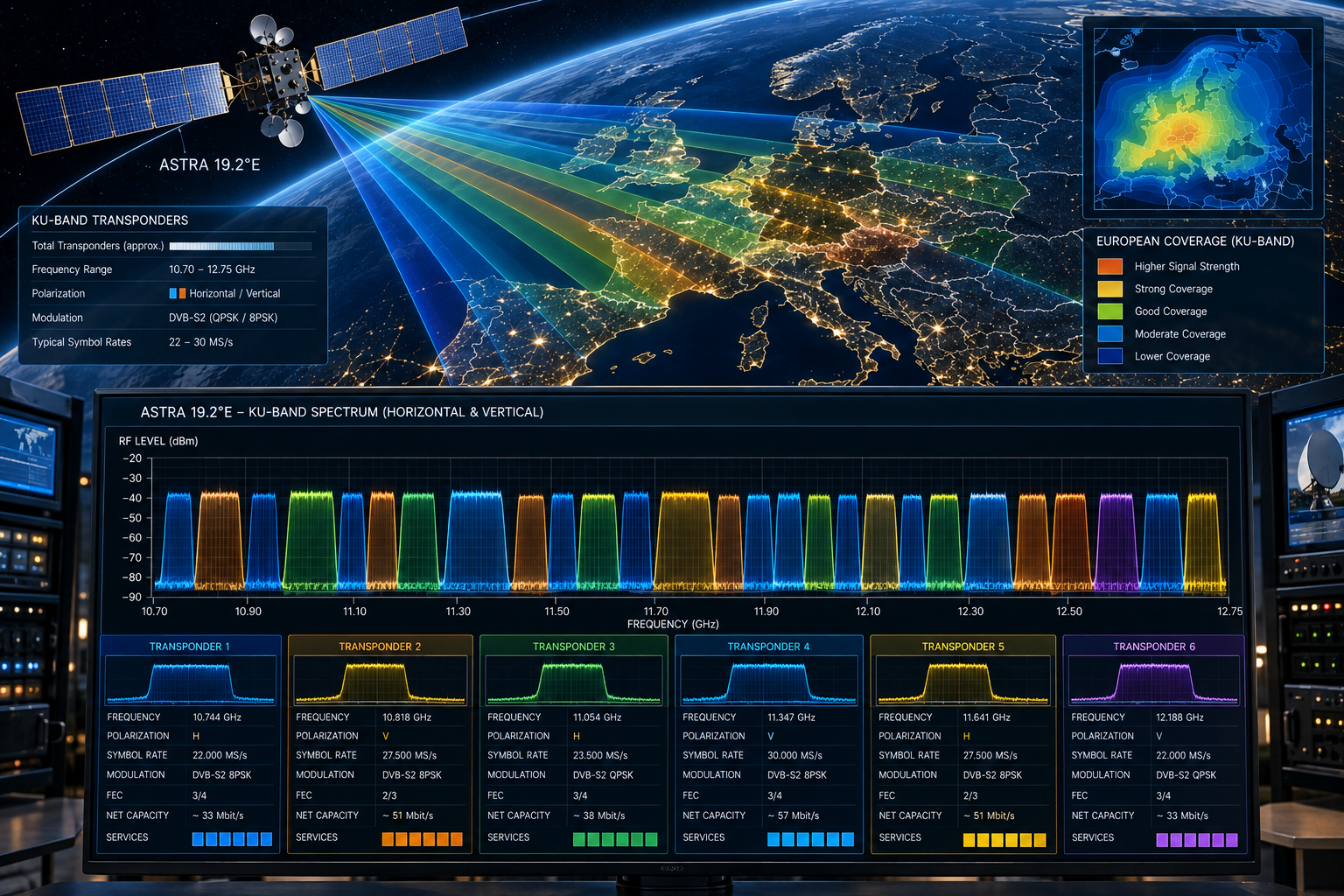 Multiple Astra satellite transponders carrying separate digital television multiplexes.