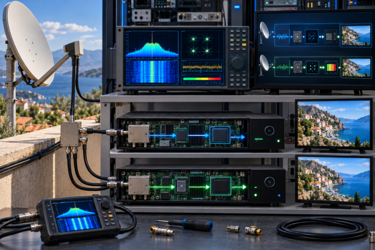 Two DVB-S2 satellite receivers being tested with the same RF signal to compare reception performance.