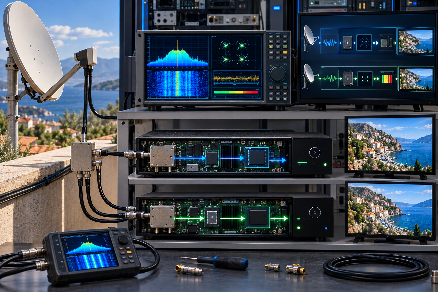 Two DVB-S2 satellite receivers being tested with the same RF signal to compare reception performance.