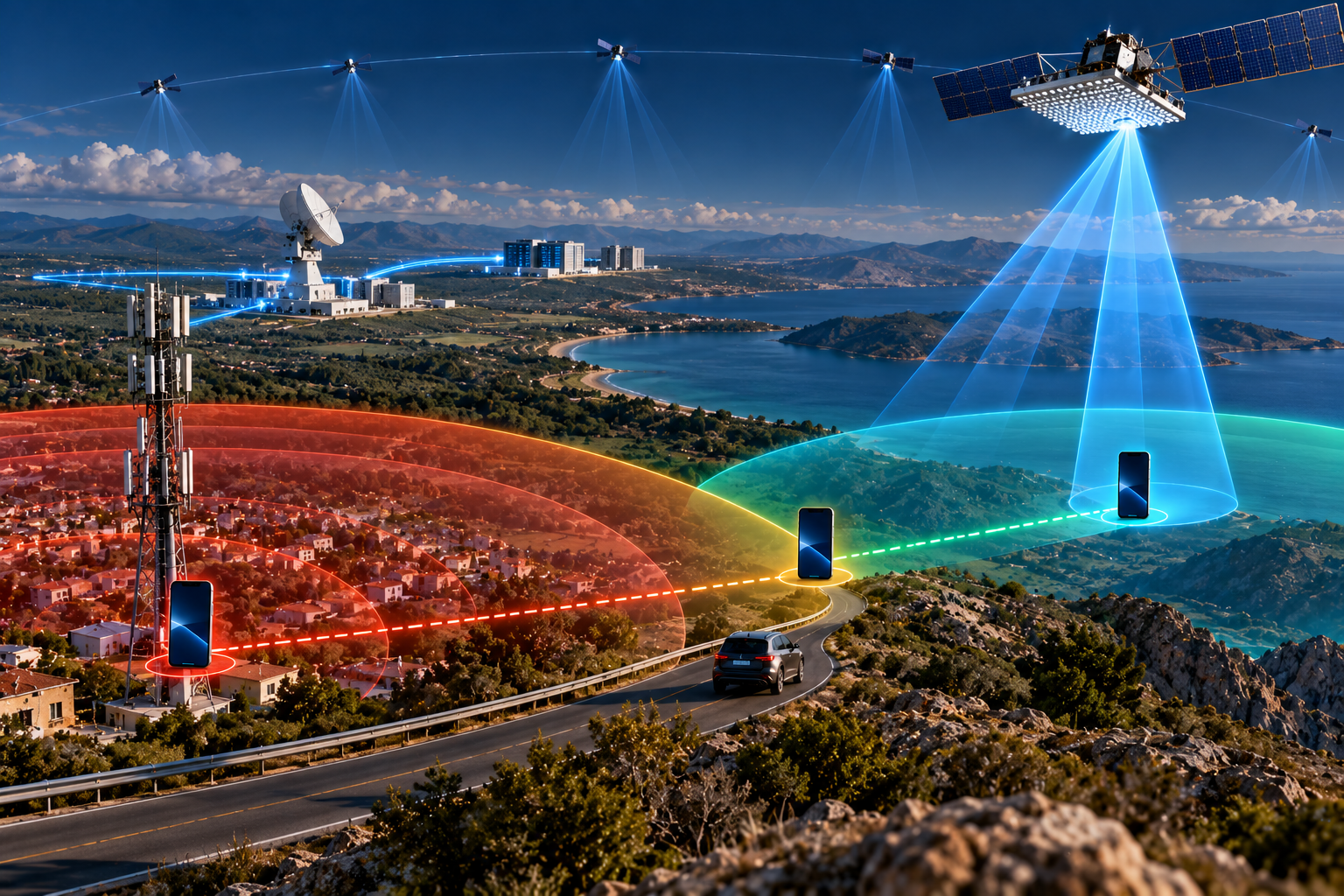 Smartphone transitioning from terrestrial 5G tower coverage to a direct-to-device satellite connection.