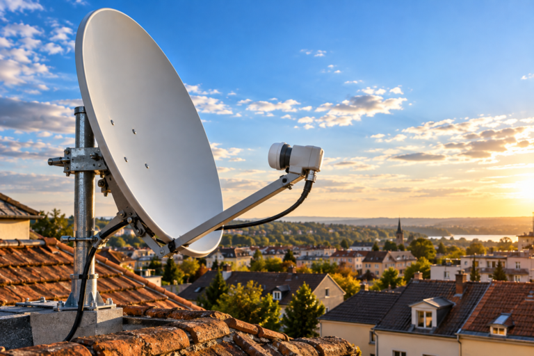 Compact 60cm satellite dish installed for Astra 19.2E reception in Europe