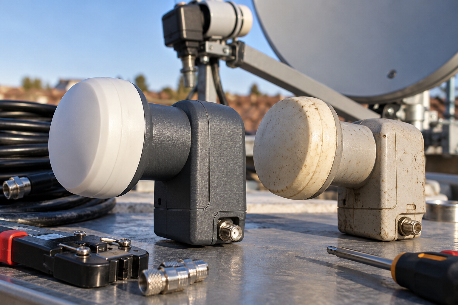 Two universal Ku-band LNBs compared during Hot Bird 13E reception troubleshooting